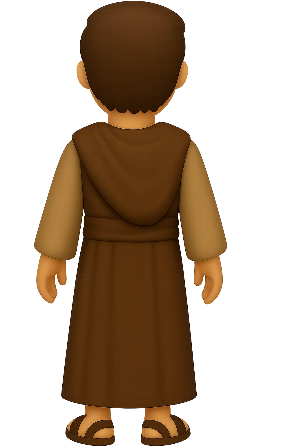 Edit the image to show a back view, centered full body, facing away, in classic emoji style. Depict apostle Peter with short hair, no hood, arms down by sides, smiling, wearing long sleeve brown clothes with beige details and a cape. No background. emoji