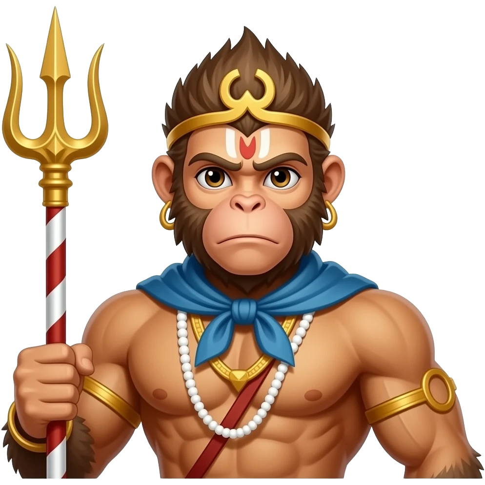 Hanuman com cara de macacoforte, musculoso com tridente emoji