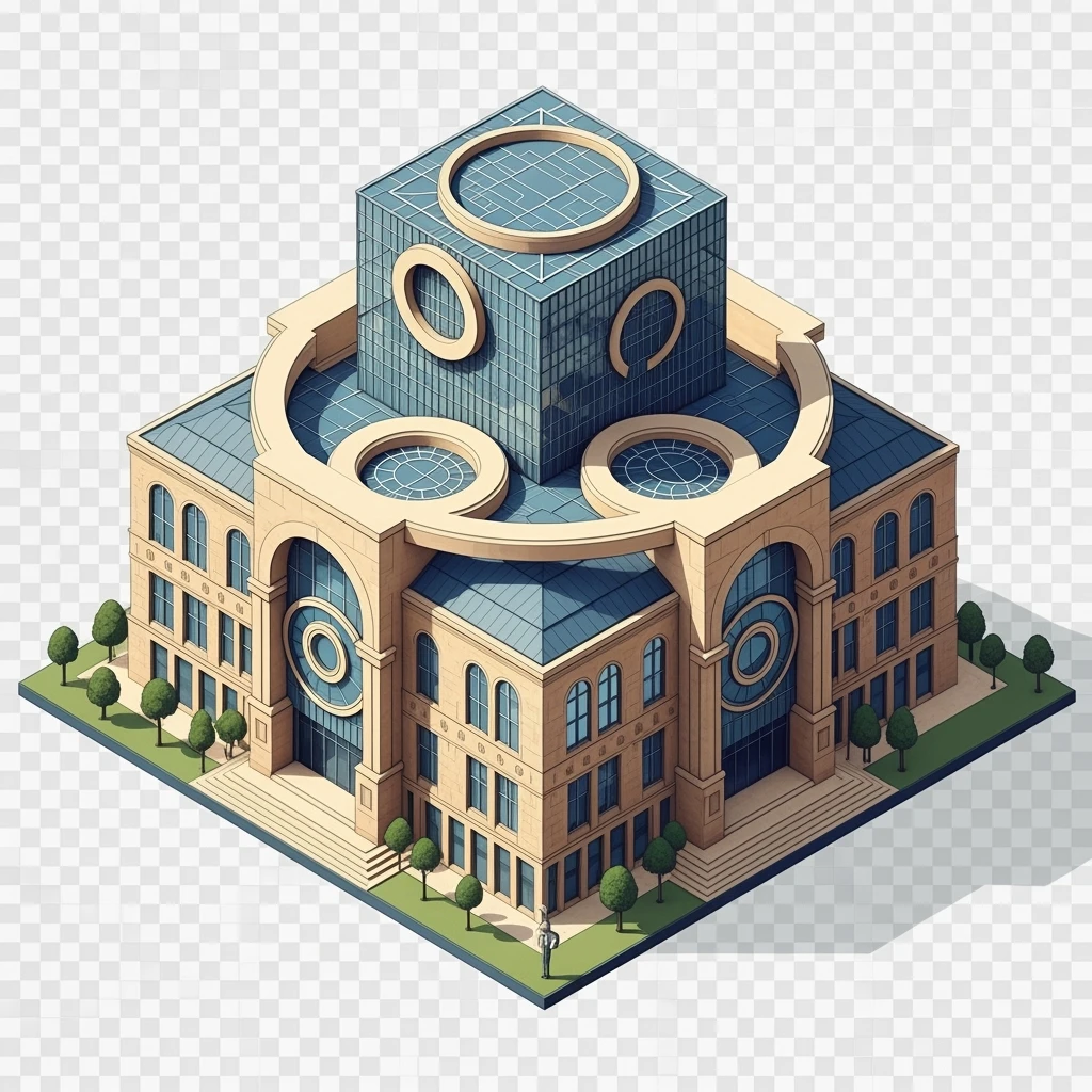Isometric illustration of Birmingham, photorealistic the Library of Birmingham with its modern architecture, balanced between stylized and realistic, 3D miniature effect, transparent background. emoji