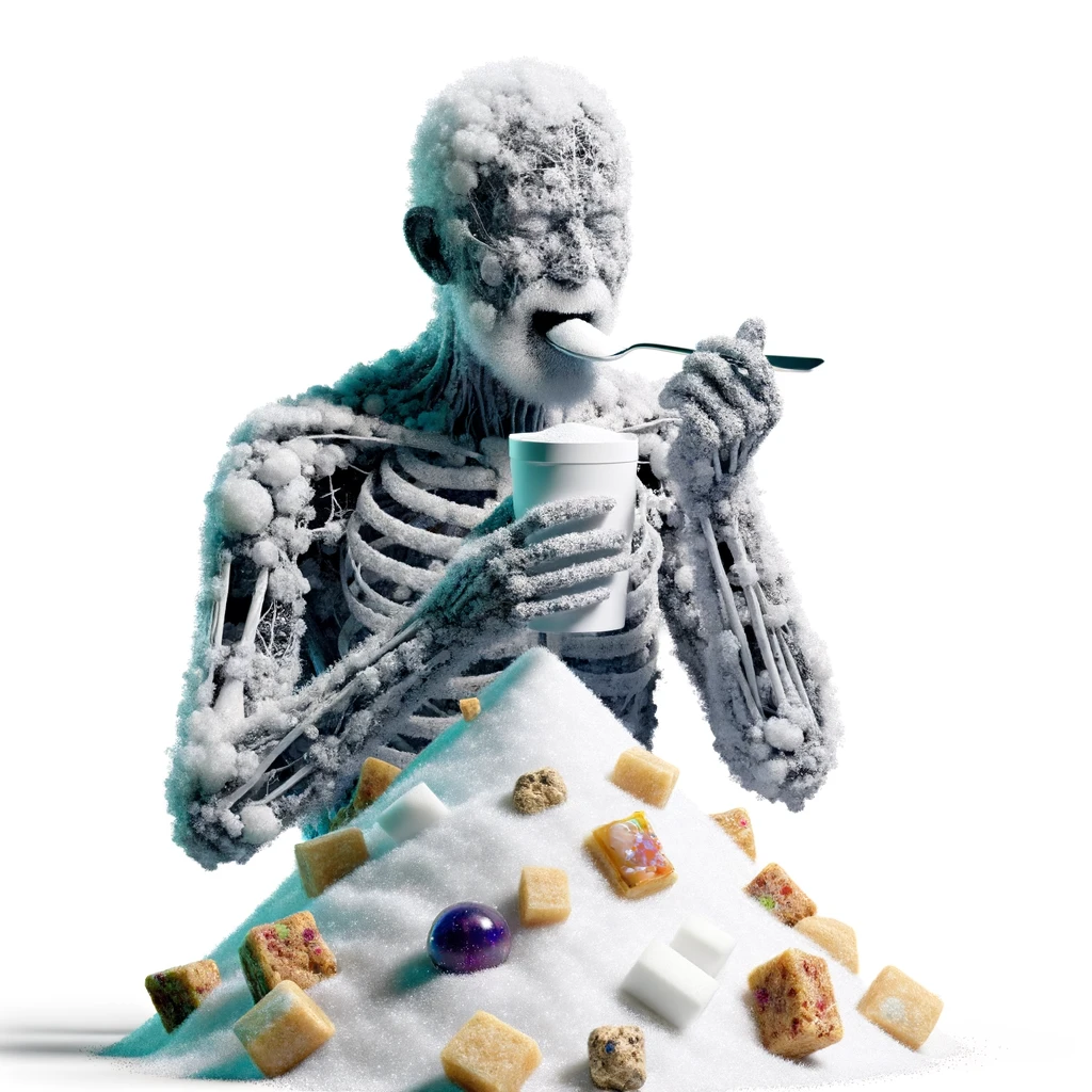corpo umano anatomico che si abbuffa di dolci e zuccheri, montagna di zuccheri davanti a lui, iperrealistico 4k, isolato su sfondo bianco emoji