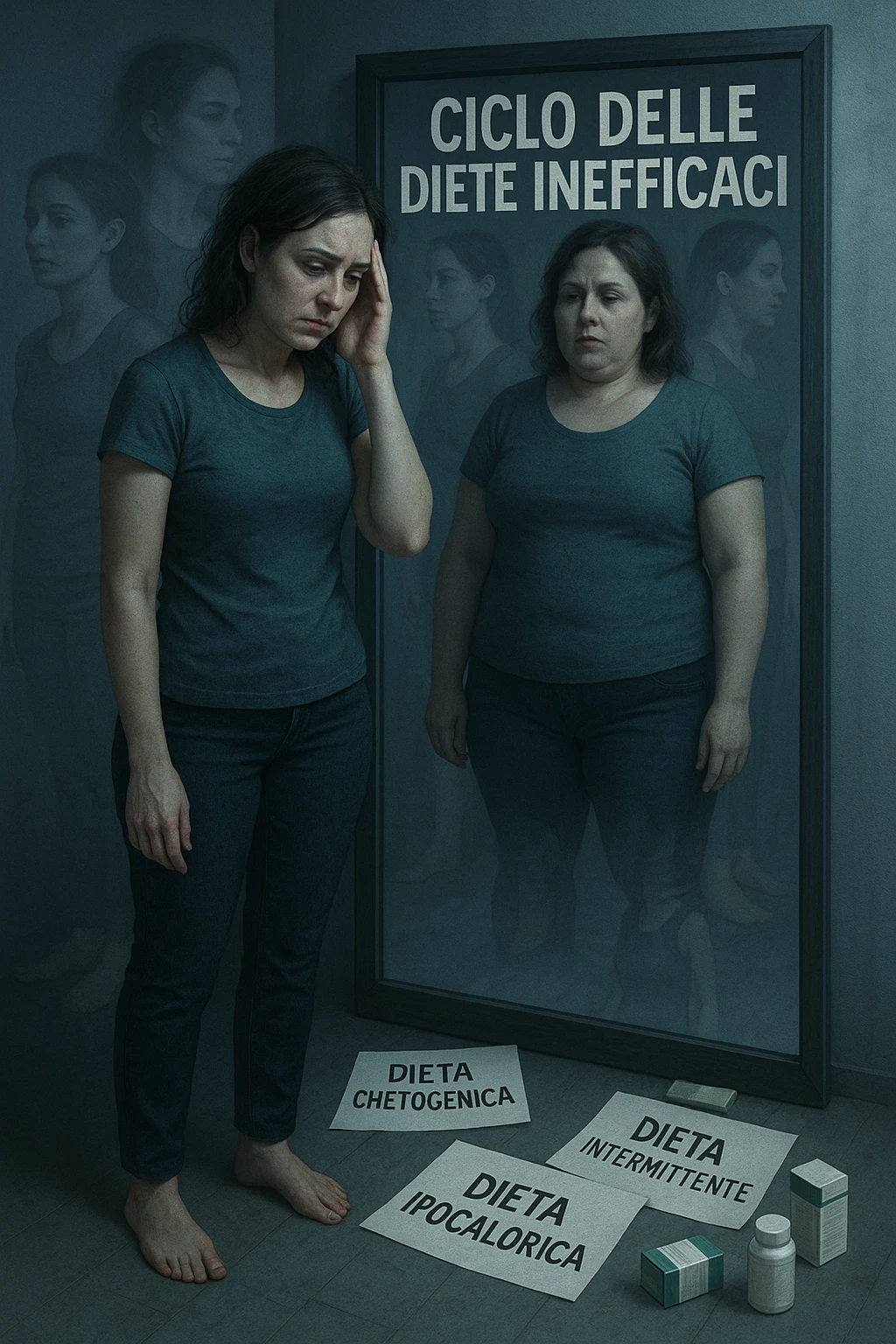 Donna tra i 30 e i 40 anni, in piedi davanti a uno specchio, con espressione delusa e stanca. Accanto a lei, sul pavimento, scatole di integratori, foglietti con scritte tipo 'Dieta chetogenica', 'Digiuno intermittente', 'Dieta ipocalorica'. Riflesso nello specchio mostra una versione di sé con peso aumentato, come se fosse tornata indietro nel tempo. Attorno a lei, immagini sbiadite o sovrapposte di sé in passato, quando era dimagrita. Atmosfera emotiva, simbolica, con luce fredda e sfumature di frustrazione. Messaggio visivo forte: 'ciclo delle diete inefficaci' in italiano emoji