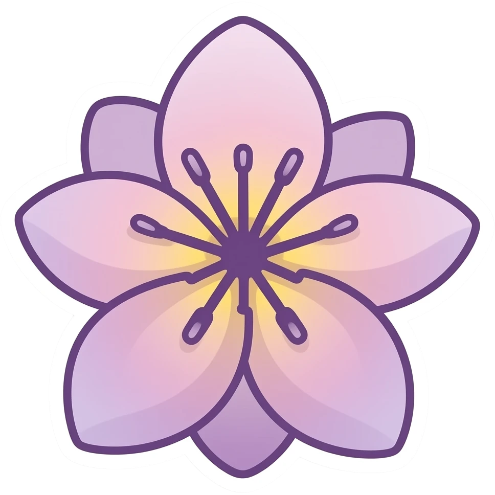 minimal line-art large petals flower sticker, elegant thin stroke, soft purple, to pink and yellow tones, clean vector design, no background, modern aesthetic. Must have no emoji faces and no emoji icons emoji