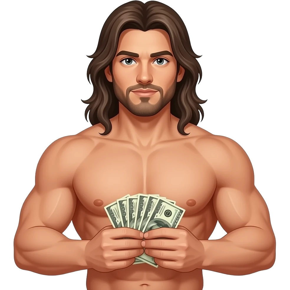 rich muscular shirtless with very long hair holding money emoji