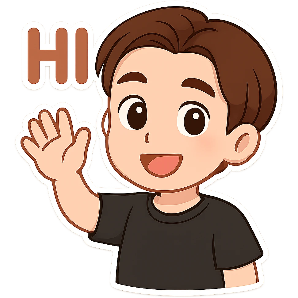 A cartoon man matching the reference image, waving with his right hand, smiling, with 'HI' written above his hand. He wears a plain black t-shirt with no spots. Style: chibi stickers. emoji