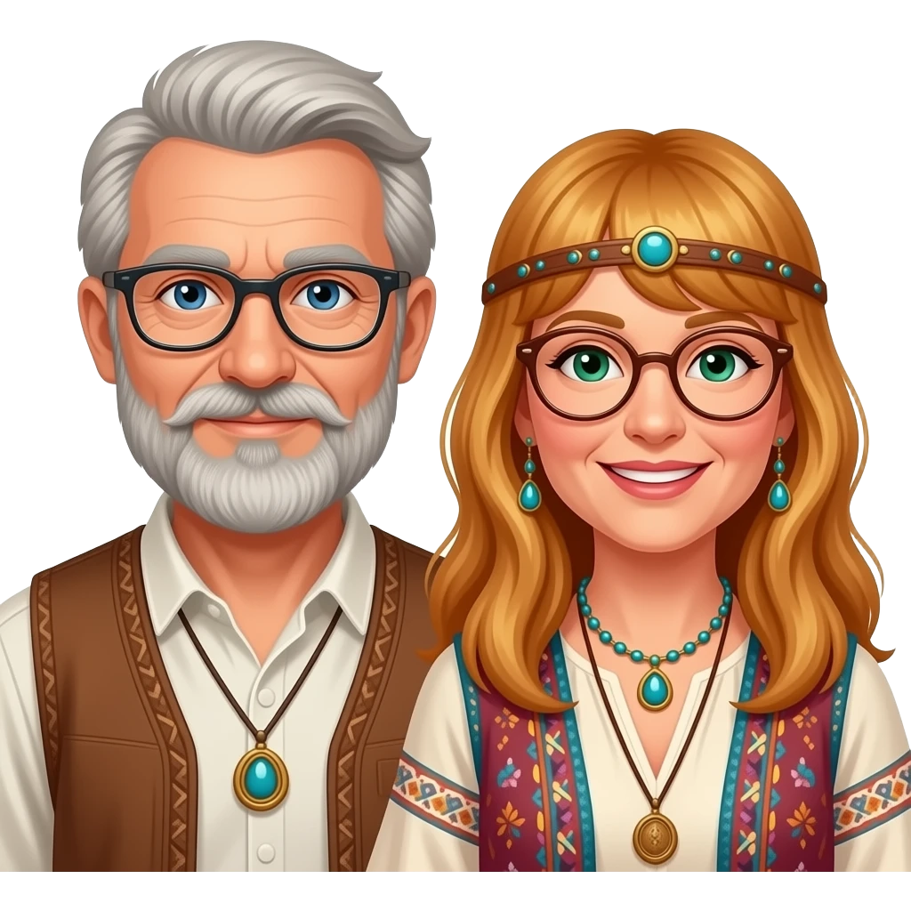 Emoji of a senior man  with blue eyes a beard mustash wearing glasses with a mature lady dressed hippie bohemian with reddish blonde hair glasses with bangs  glasses  green eyes  dressed hippie  bohemian style emoji