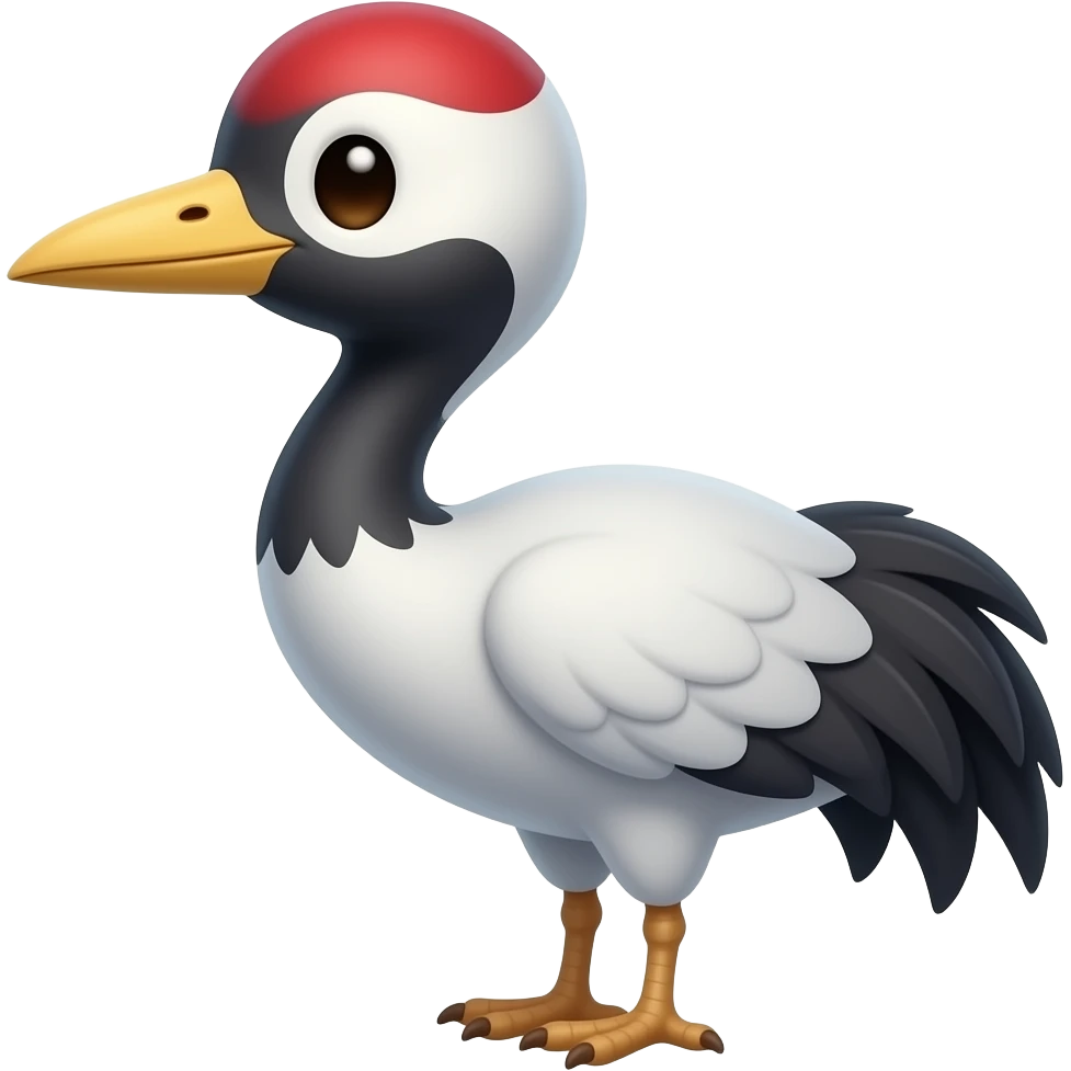 cute mini crane, smiling  using looks like human and front side crane bird muted gray or white plumages, marked with black, and red bare patches on the face emoji