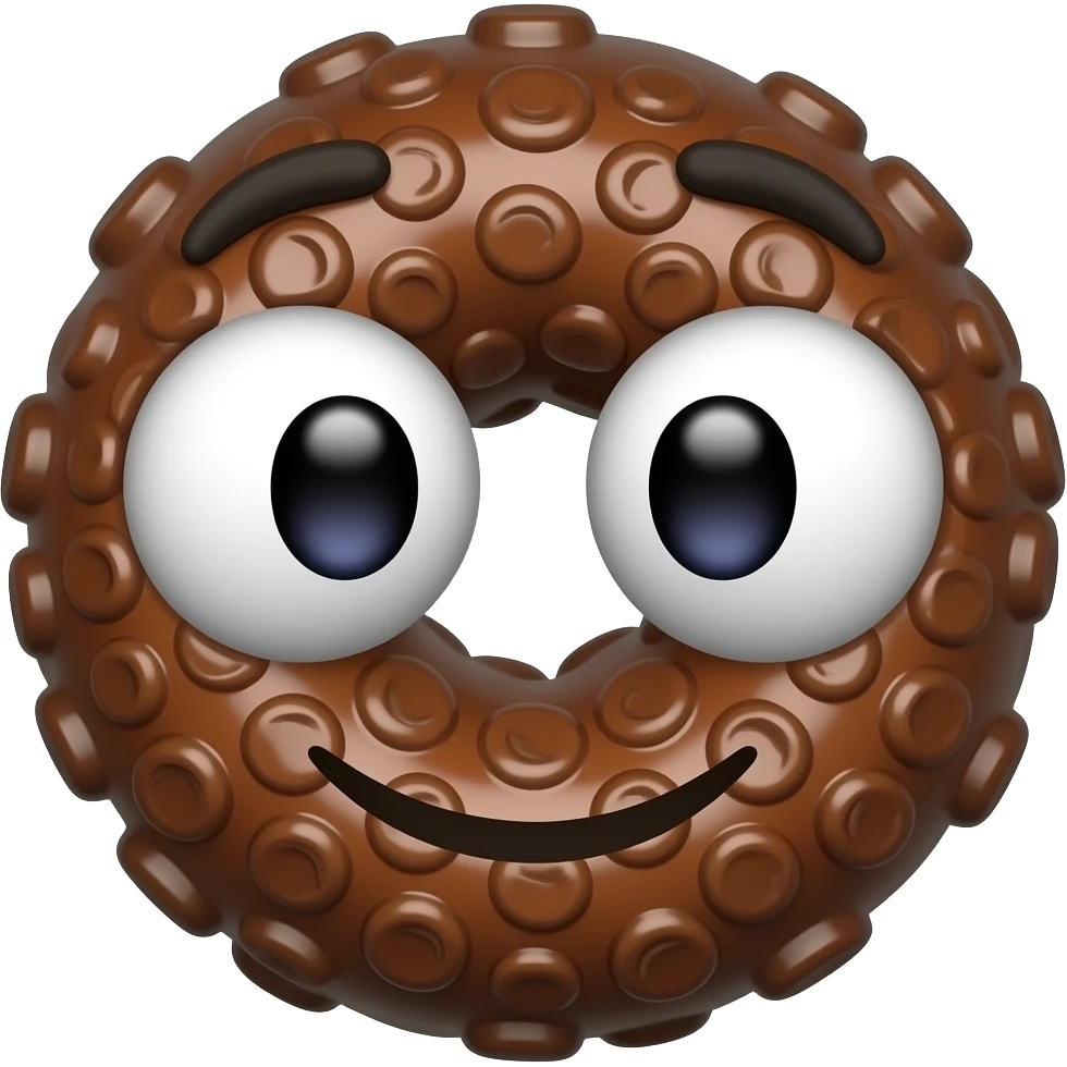 a round chocolate cereal brown hoop with emoji eyes and mouth emoji