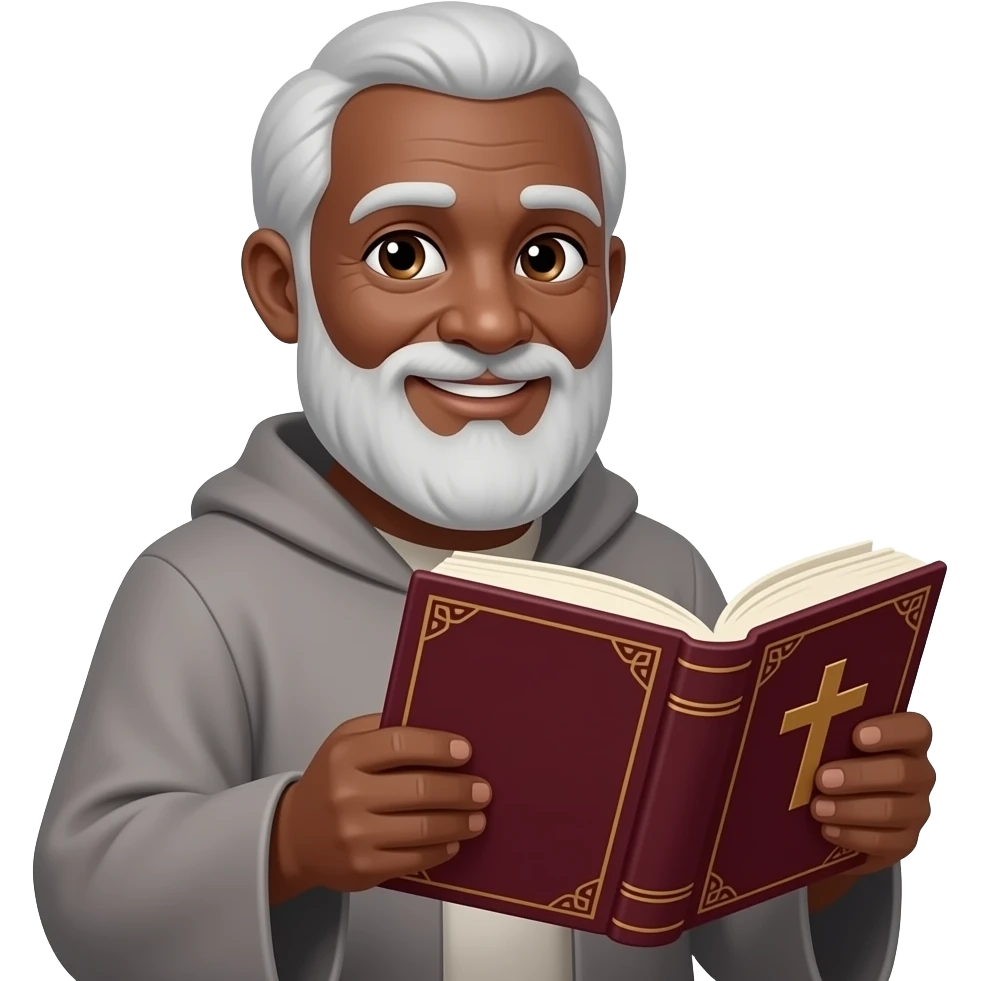 wise old man slight smile with grey hair robe slight brown eyes white beard black skin warm holding open burgundy book that has a cross on it emoji