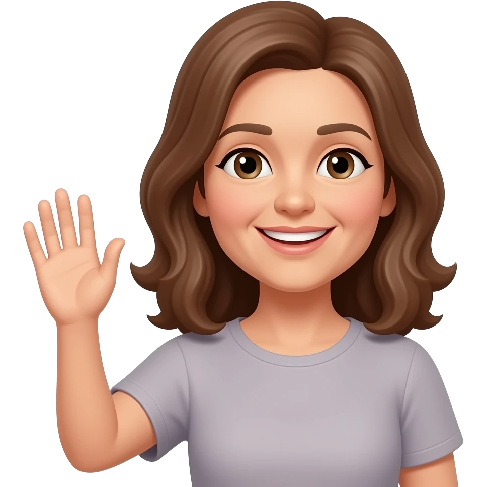 frau um die 50 mit langen braunen haaren schmalem gesicht, grüßend emoji