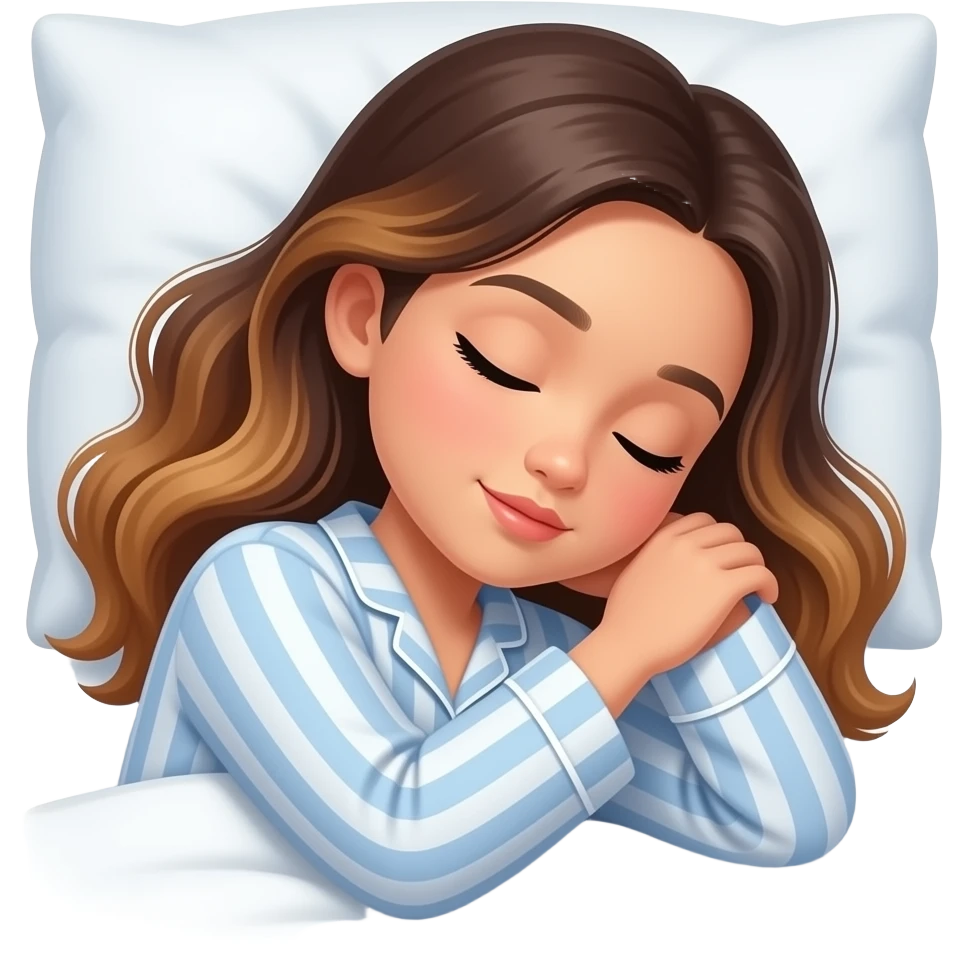 Beautiful Filipino girl with long wavy hair brown balayage sleeping with arm on pillow wearing pajamas emoji