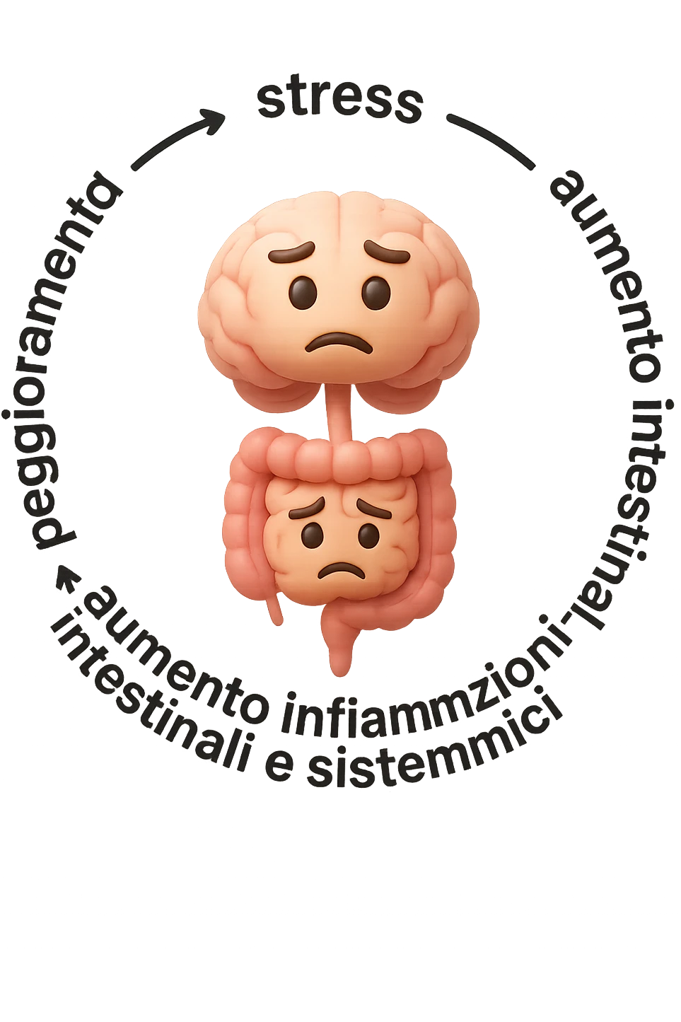EMOJI STILE IPHONE 3D DI un cerchio con queste scritte che girano intorno "stress → peggioramento intestinale → aumento infiammazione → peggioramento sintomi intestinali e sistemici." al centro del cerchio metti un cervello e intestino umani collegati verticalmente con espressione dubbiosa in volto, FALLO MOLTO REALISTICO IN 3D emoji