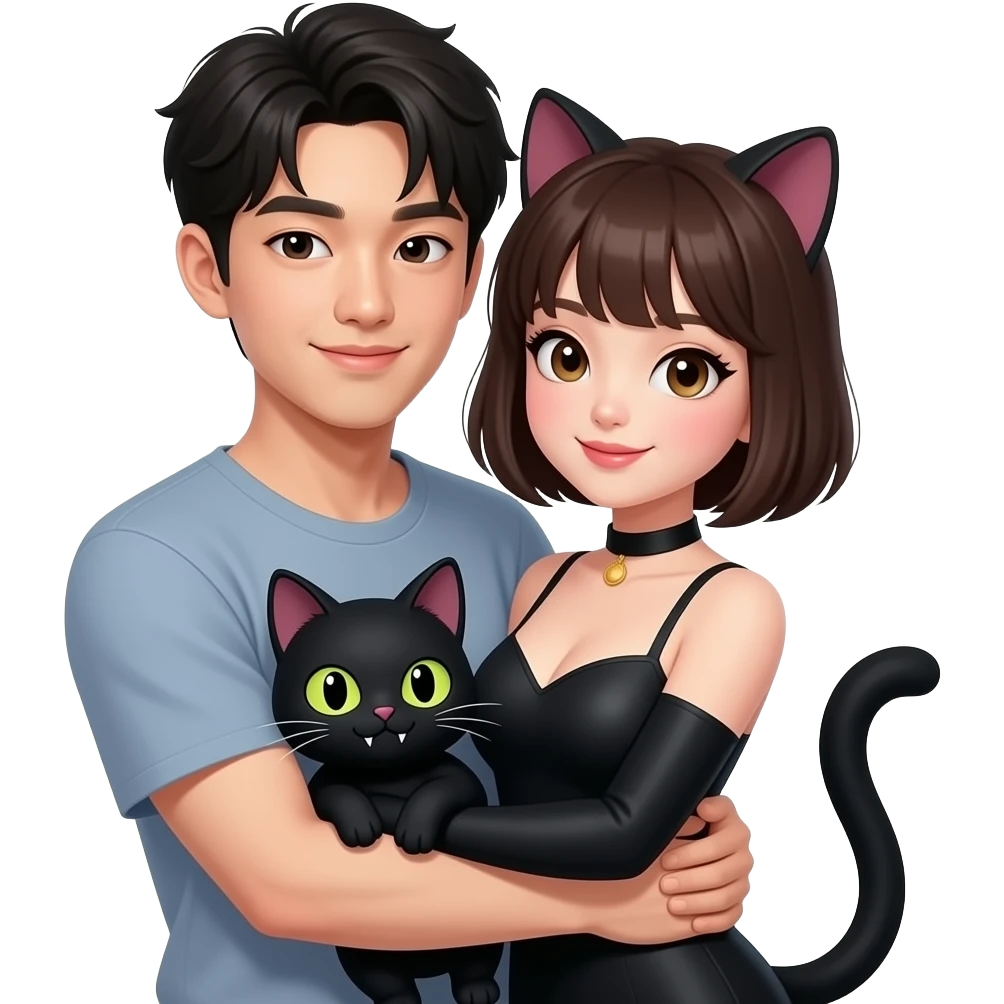 Young cute korean guy is hugging a sexy, cute, nasty cat costume girl, she is from philippines and wearing black cat costume, please make them hot,sexy, horny and naughty.and she has short hair and dark brown skin emoji