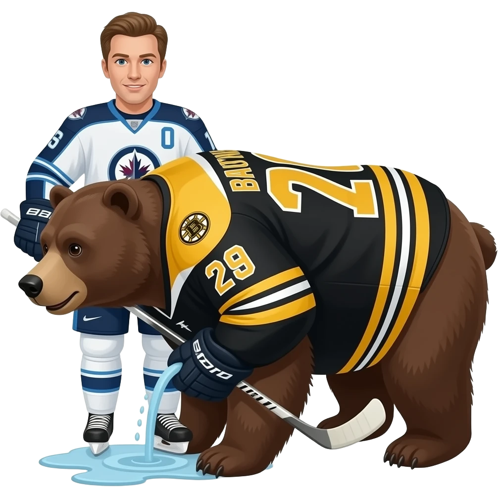 Winnipeg jests player peeing on a bear wearing a Boston bruins jersey emoji