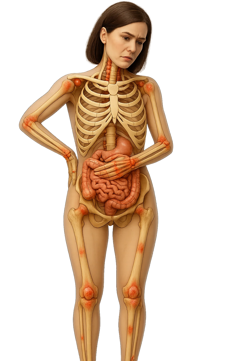 donna realistica a figura intera con red spot sparsi alle ossa, ossa del corpo visibili sul corpo, non sul volto iperrealistico 4k emoji