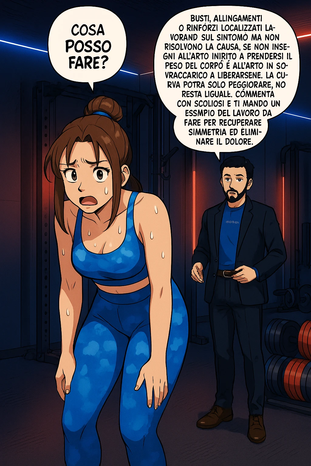 ispirati a questo stile di disegno e fai questa immagine in versione manga/webtoon a colori, il manga mostra la donna preoccupata che chiede: "COSA POSSO FARE?" E L'UOMO CHE RISPONDE: Busti, allungamenti o rinforzi localizzati lavorano sul sintomo ma non risolvono la causa. Se non insegni all’arto inibito a prendersi il peso del corpo e all’arto in sovraccarico a liberarsene, la curva potrà solo peggiorare; non resta uguale. Commenta con scoliosi e ti mando un esempio del lavoro da fare per recuperare simmetria ed eliminare il dolore. emoji