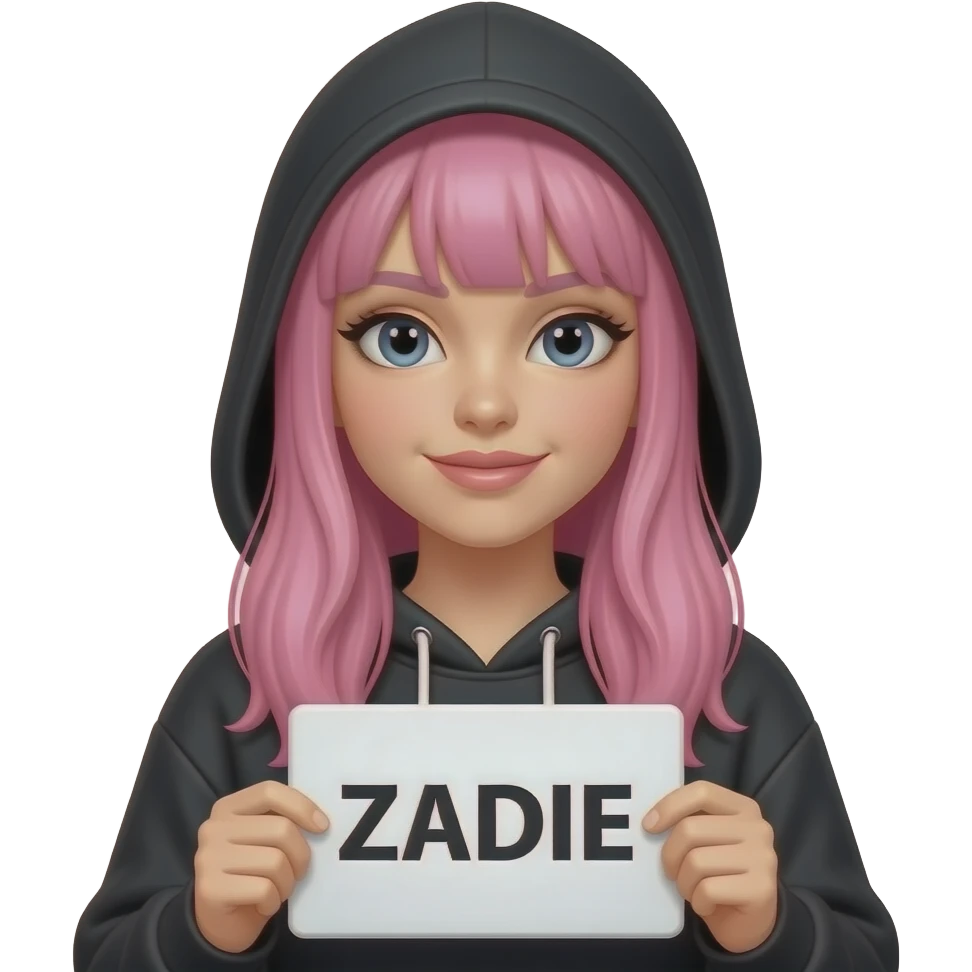 sexy girl with long pink hair wearing a black hoodie with the hood atop her headhair holding a ZADIE sign emoji