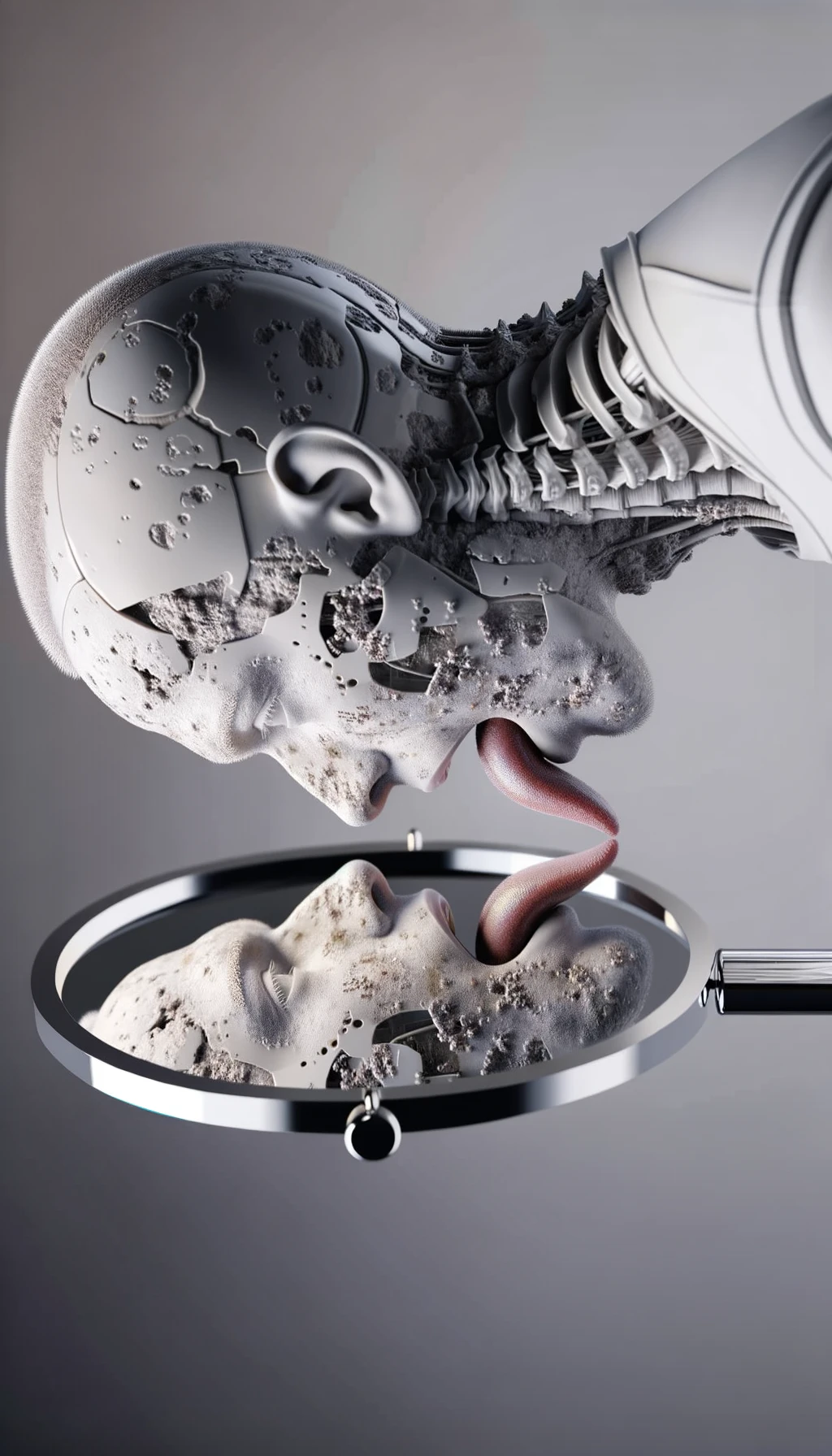 CORPO UMANO ANATOMICO IN PIEDI CHE SI GUARDA LA LINGUA ALLO SPECCHIO , TIENE LA LINGUA FUORI E LA LINGUA è PIENA DI MACCHIE BIANCASTRE, NEUTRAL CLEAR BACKGROUND, iperrealistico 4k emoji