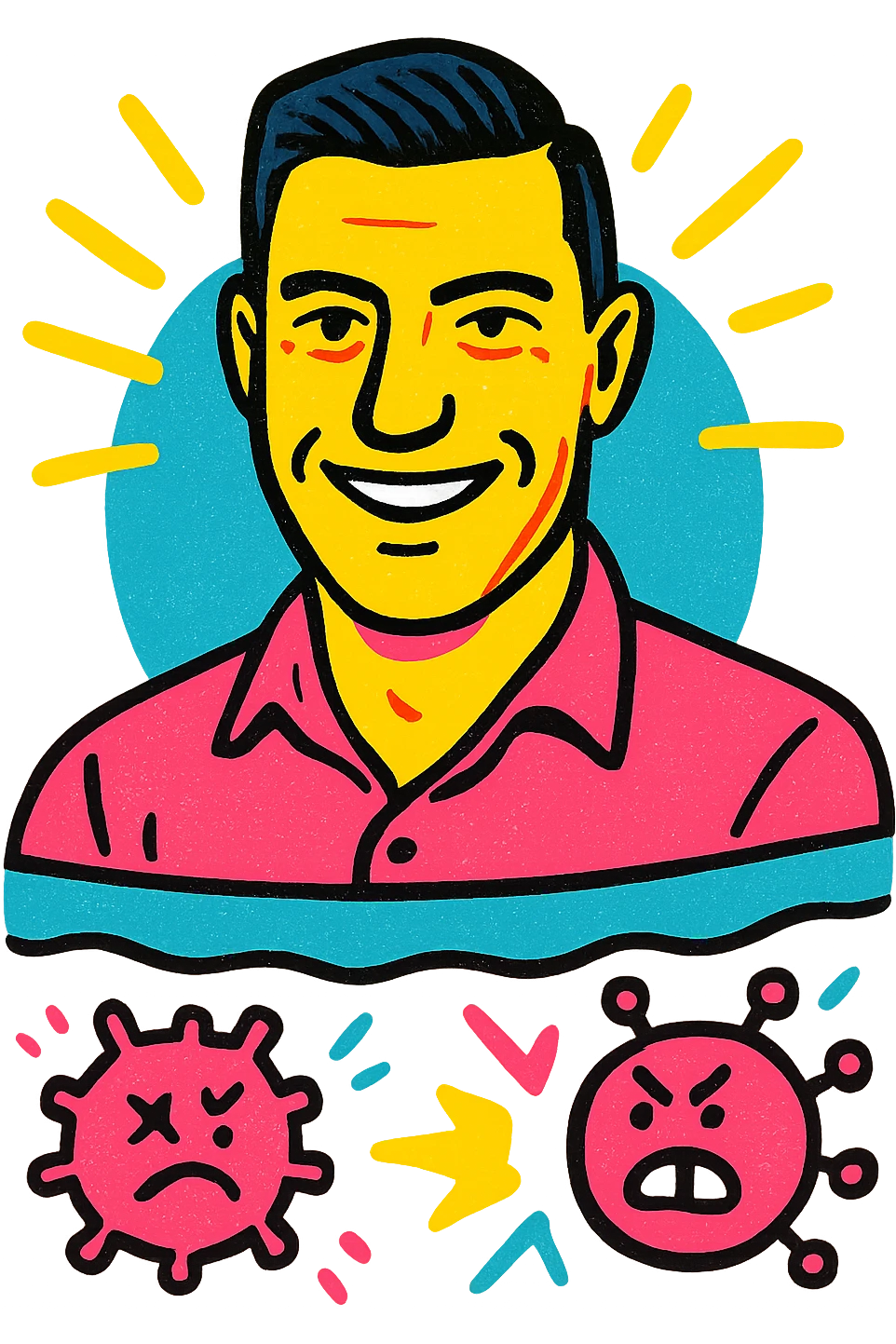 Vertical portrait of a man's face in a pop-art style with a smiling expression. Stylized parasites shatter against a colorful barrier, conveying an atmosphere of victory and well-being. emoji