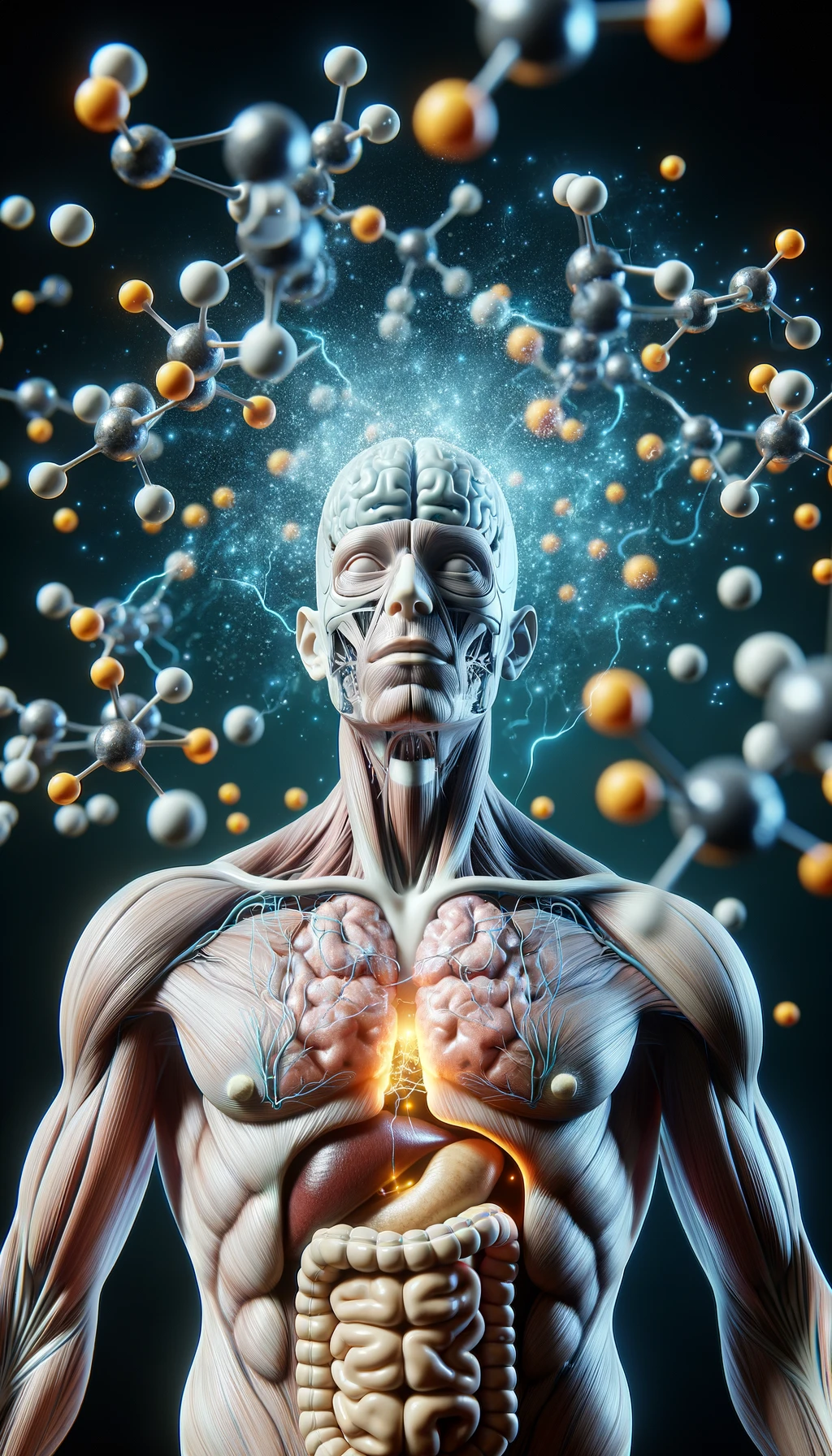 corpo umano anatomico circondato da molecole di dopamina che fluttuano in aria, iperrealistico 4k emoji