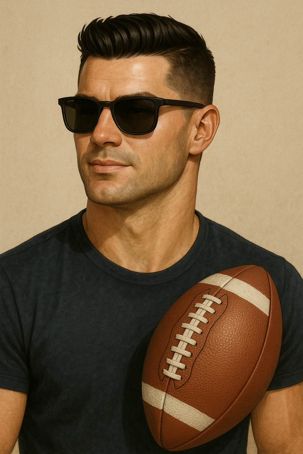 Create an image of Ronaldo wearing sunglasses with a football next to him in a realistic cartoon style. Focus on realistic cartoon features and details. emoji