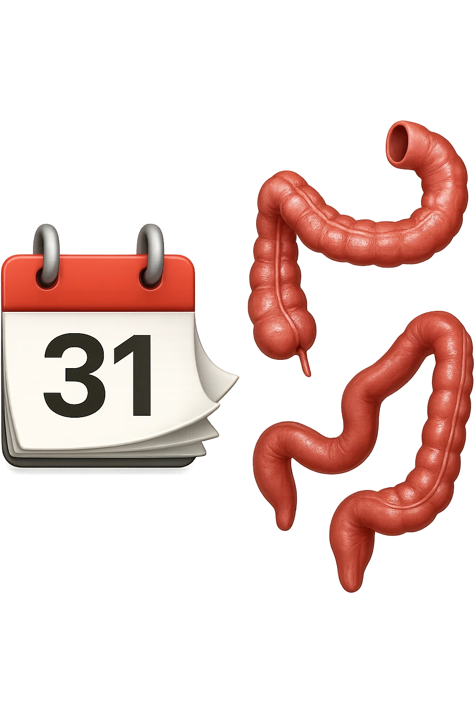 emoji stile iphone di un calendario con fogli che volano insieme a pezzi anatomici di colon umano, iperrealistico 4k, isolato su sfondo bianco emoji