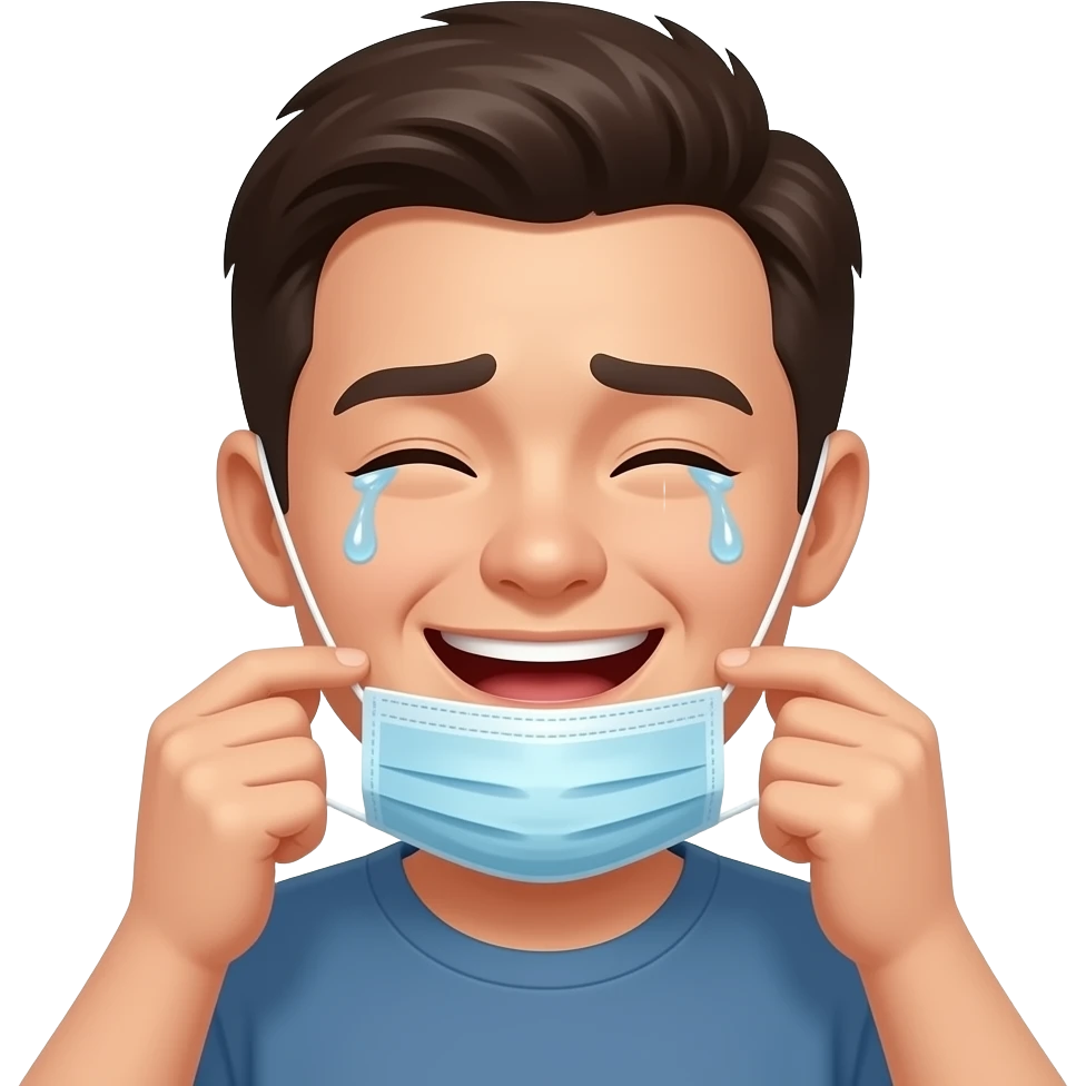 Um emoji tirando a máscara com um sorriso e revela seu rosto real: ele está chorando emoji