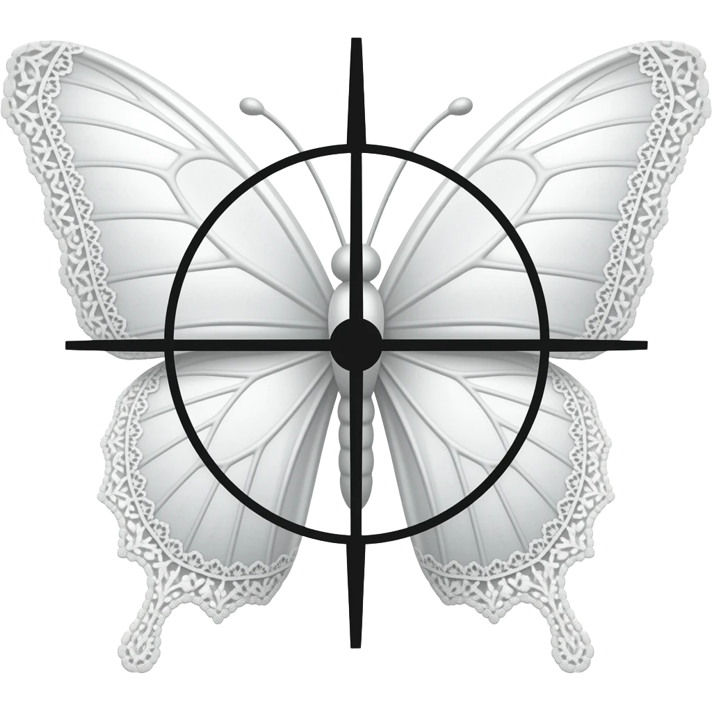subtle elegant white butterfly, 3D emoji gothic butterfly, white velvet, white filigree, white lace trim, medium black sniper crosshair overlay emoji
