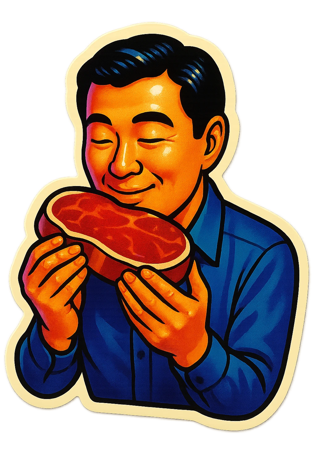 A Japanese man with a loving look holds a steak in his hands, preparing to eat it emoji