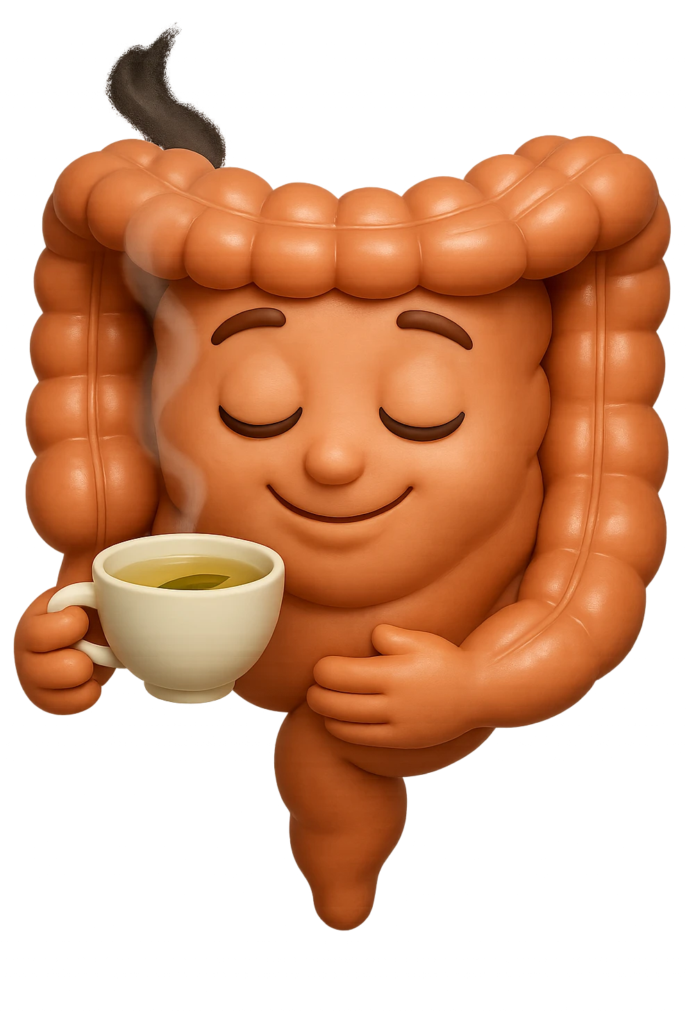 emoji stile iphone 3d di intestino umano sereno che si tocca la pancia mentre sorseggia un thè alle erbe, iperrealistico 4k emoji
