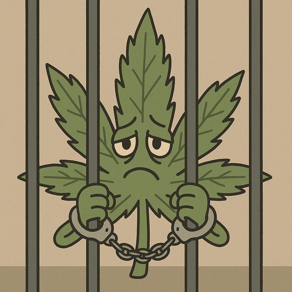stylized cannabis leaf with handcuffs and jail bars, somber mood, simple illustration emoji