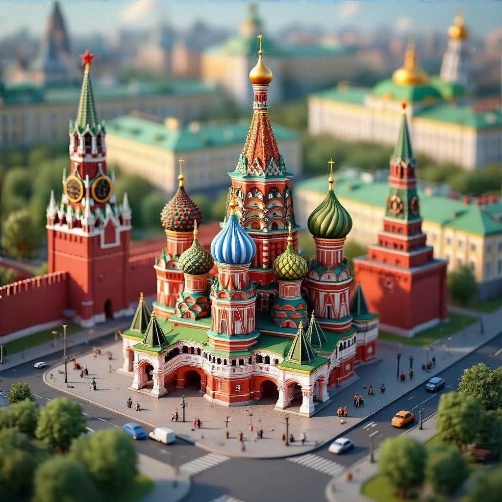 Изометричный миниатюрный 3D-город с узнаваемыми достопримечательностями Москвы - Кремль, собор Василия Блаженного, Сити,  аккуратная детализация, мультяшный реализм, компактная композиция,  вид сверху в изометрии emoji