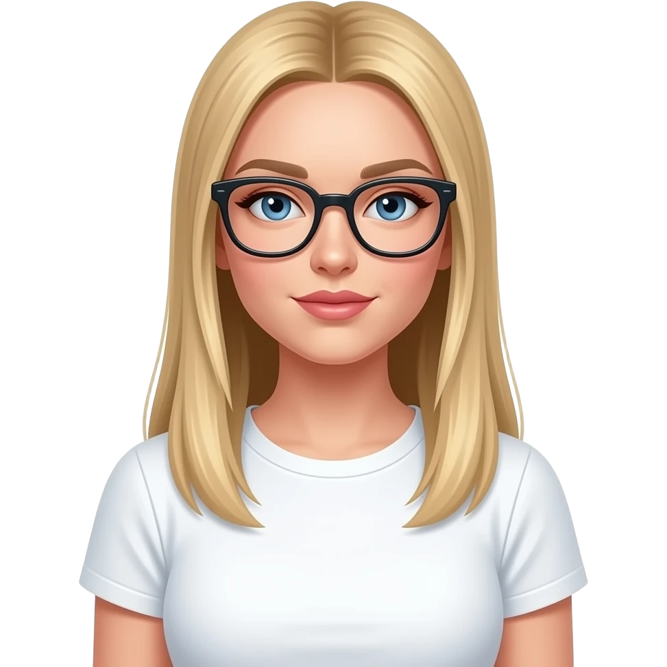 ragazza russa bionda occhi azzurri capelli lisci lunghi, seno prosperoso  occhiali da solo fashion stile  maglietta bianca emoji