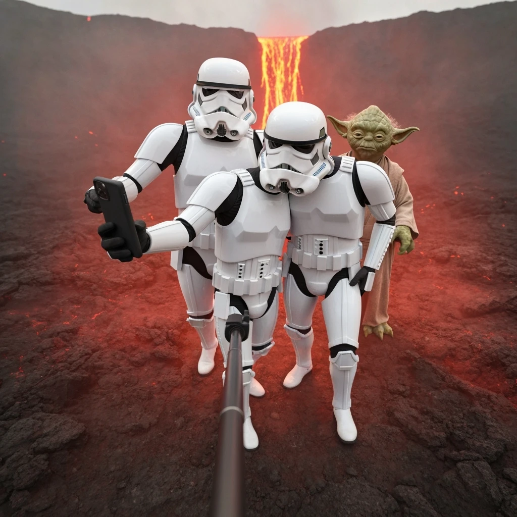 Camera POV, Starwars stormtroopers vlogging selfie, he is walking on lava planet with yoda emoji