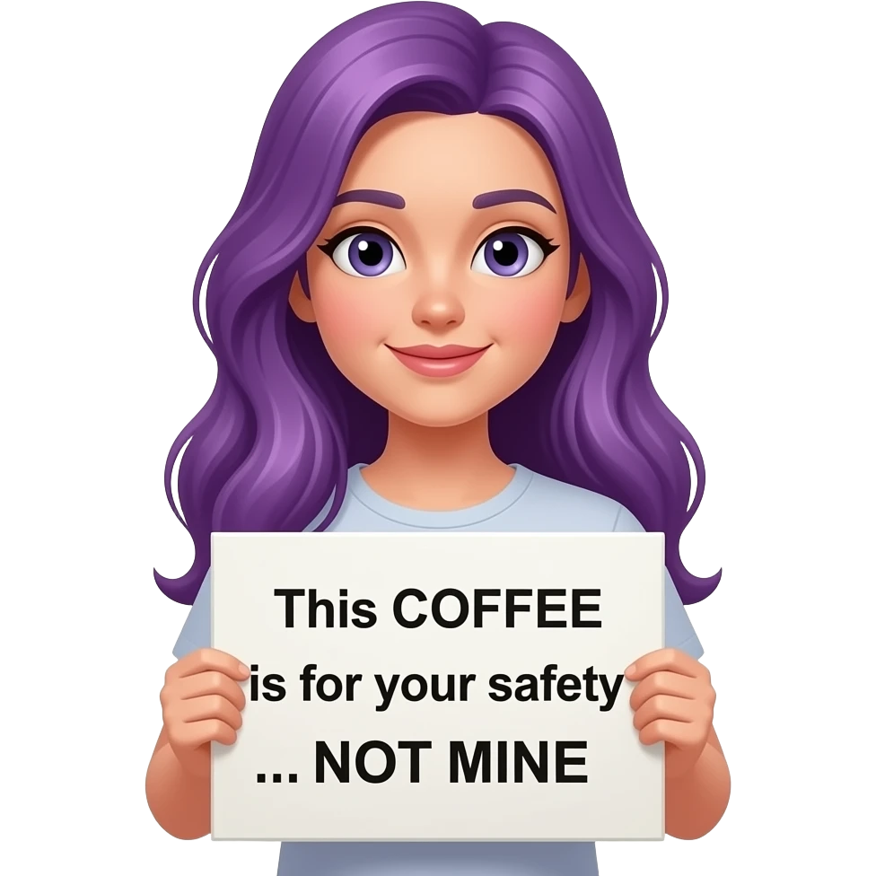 girl with long purple hair holding a This COFFEE is for your safety... NOT MINE sign emoji