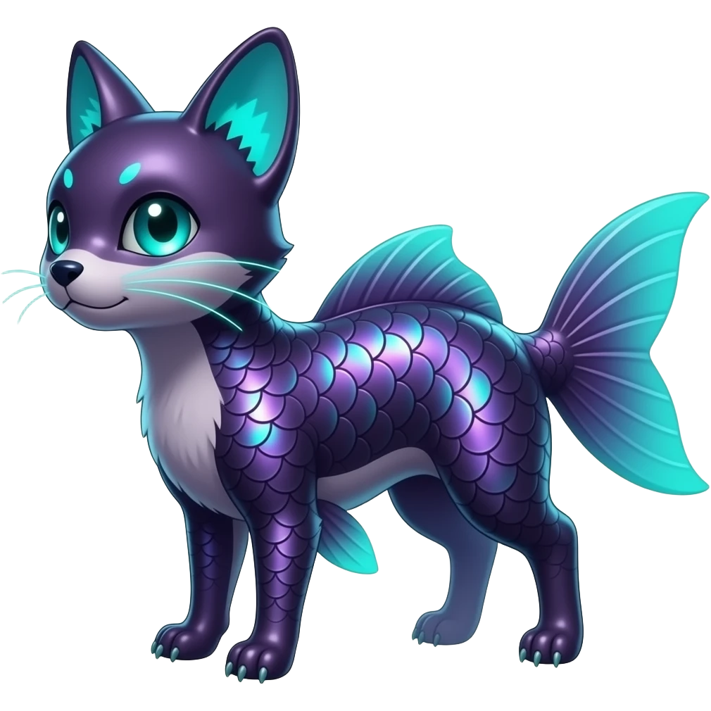 Realistic elegant furry iridescent-scaled slim smooth shiny glossy elegant mature bioluminescent oil-dark, purplish, neon-cyan-accented, fishy finned, abyss-fantasy-Lykoi-Bambino-Vaporeon-Umbreon-Civet-Fakémon-fusion, with thin neon-glowing bulb-whiskers, koi-piebald-flecked full body emoji