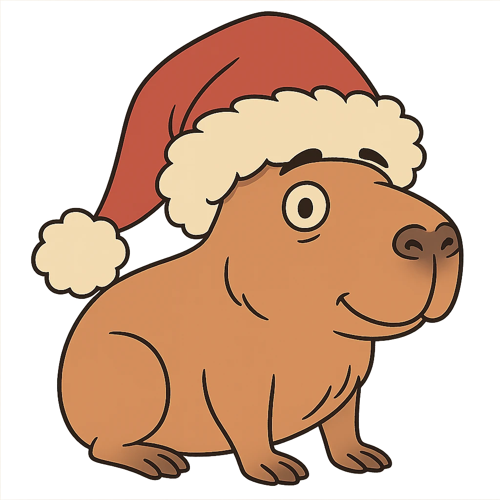 capibara with large fluffy Christmas hat, cartoon style emoji