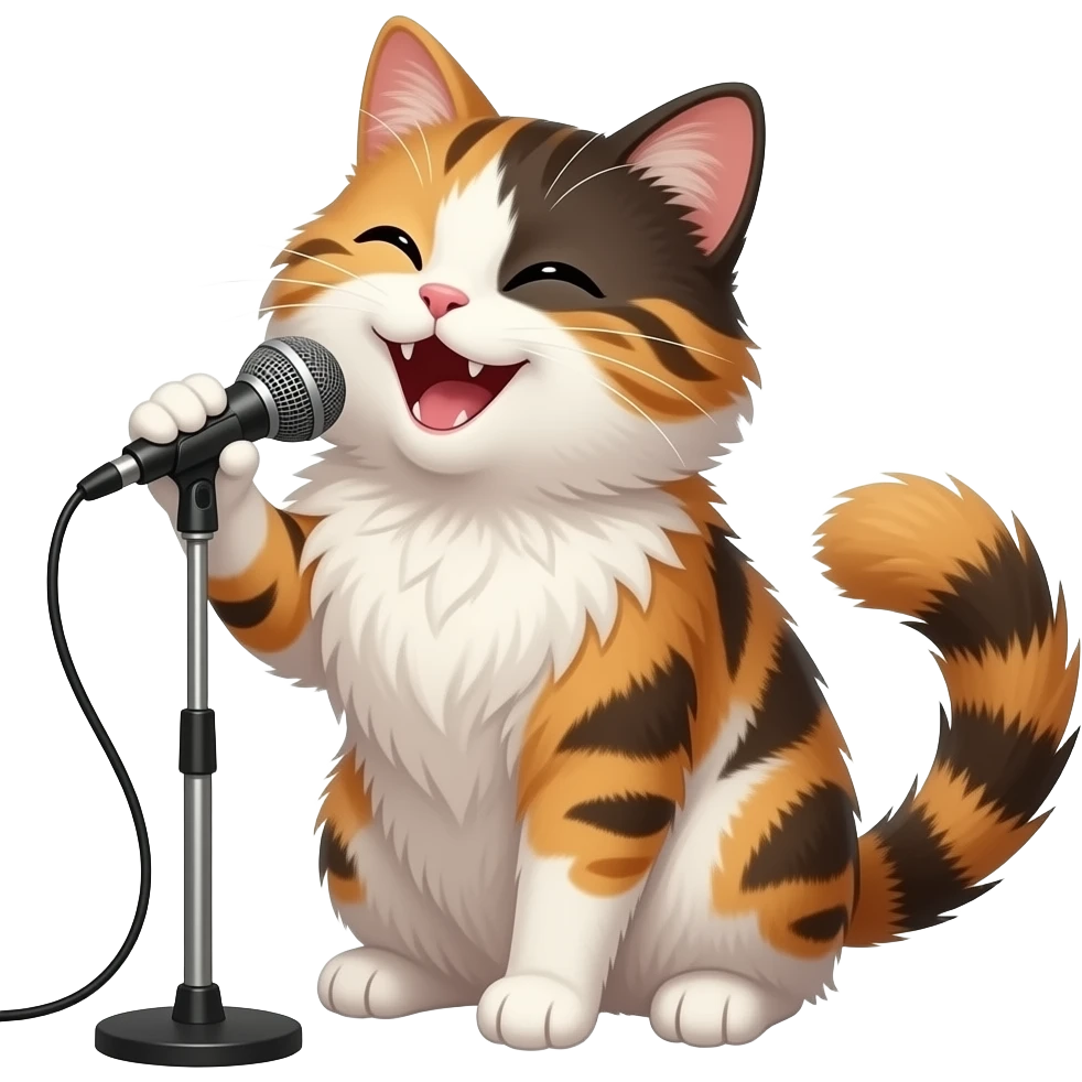 smiling very long-haired calico cat singing karaoke emoji