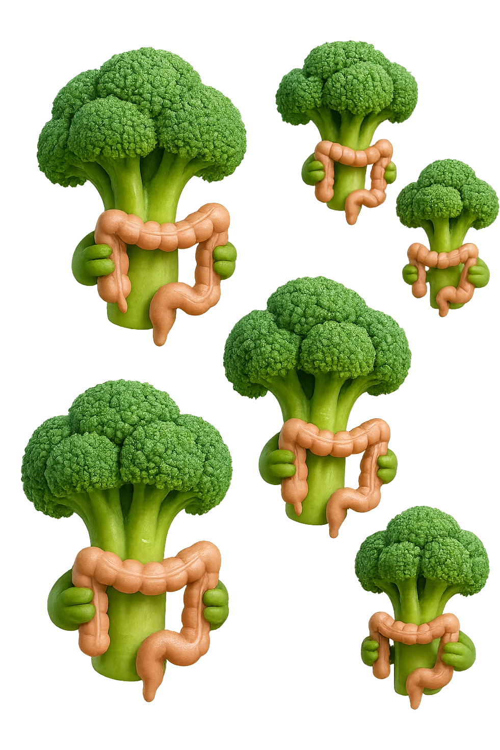 broccoletti stile emoji iphone fluttuano in aria stringendo in mano un pezzo di colon intestinale, iperrealistico 4k emoji