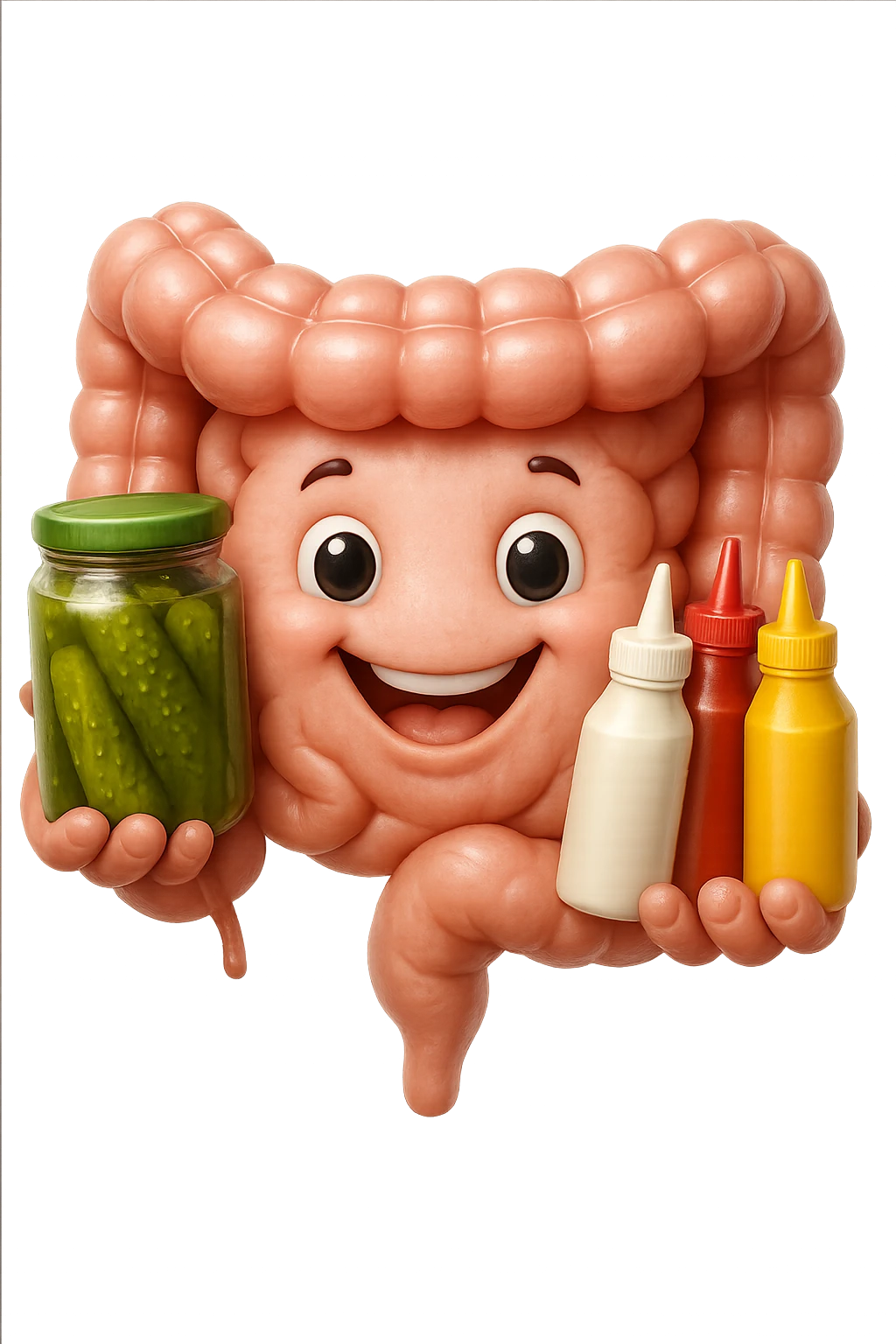 emoji stile iphone di intestino umano con espressione felice mentre tiene in mano cetriolini sottaceto, maionese, salsa barbecue, salsa, senape realistica
IPERREALISTICO 4K emoji