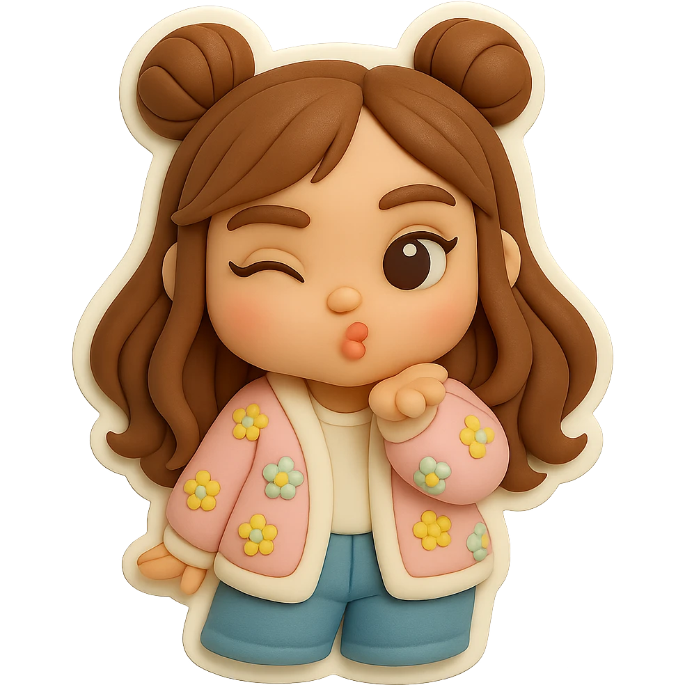 3D chibi fondant cake art style, high-quality rendering with smooth shadows and soft gradients. Girl based on reference image with preserved facial features and eye shape, long brown hair in two space buns, brown eyes, jeans, pastel floral cardigan, thick white outline like a sticker. Blowing a kiss and winking. Transparent background. Ensure the face, hairstyle, and eye shape match the reference exactly. emoji