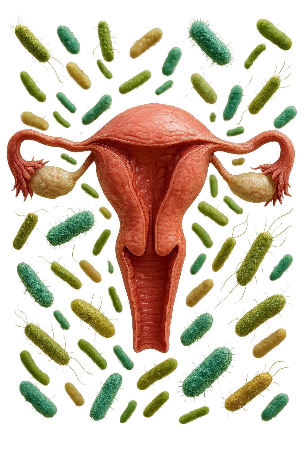 batteri intestinali fluttuano intorno ad un utero umano anatomico, iperrealistico 4k emoji