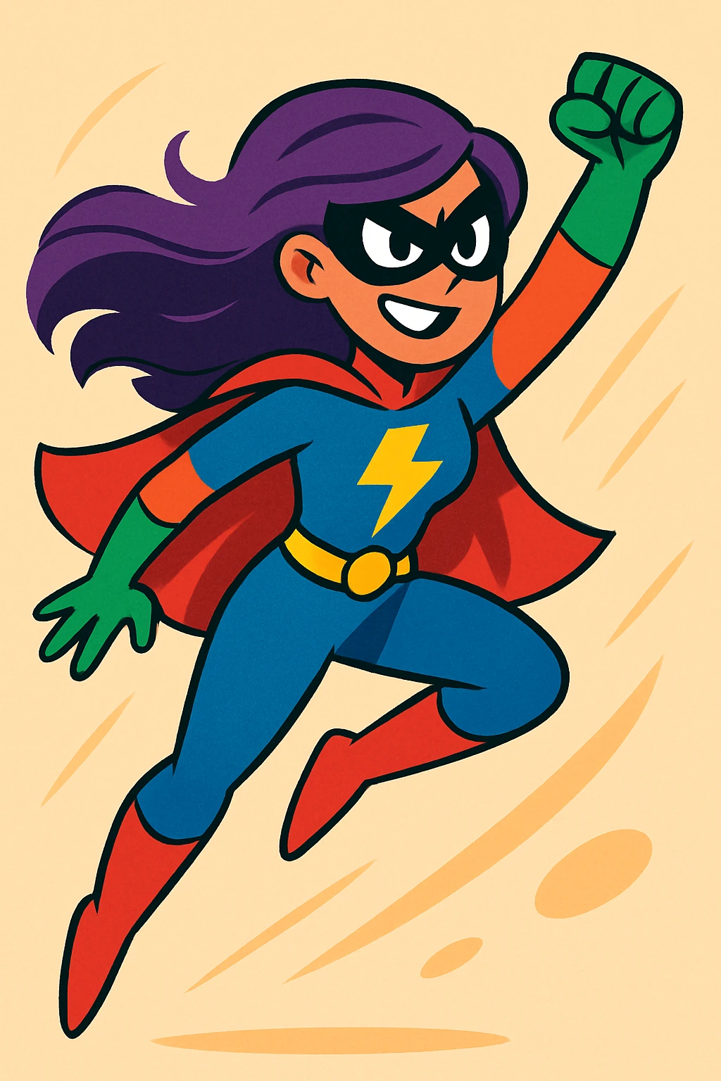 superhero with long purple hair, dynamic pose, vibrant toon style emoji