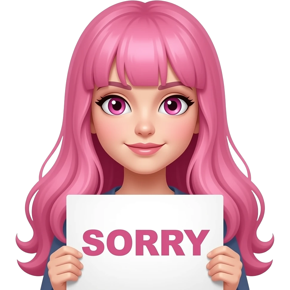 sexy girl with long pink hair and pink eyes holding SORRY... sign emoji