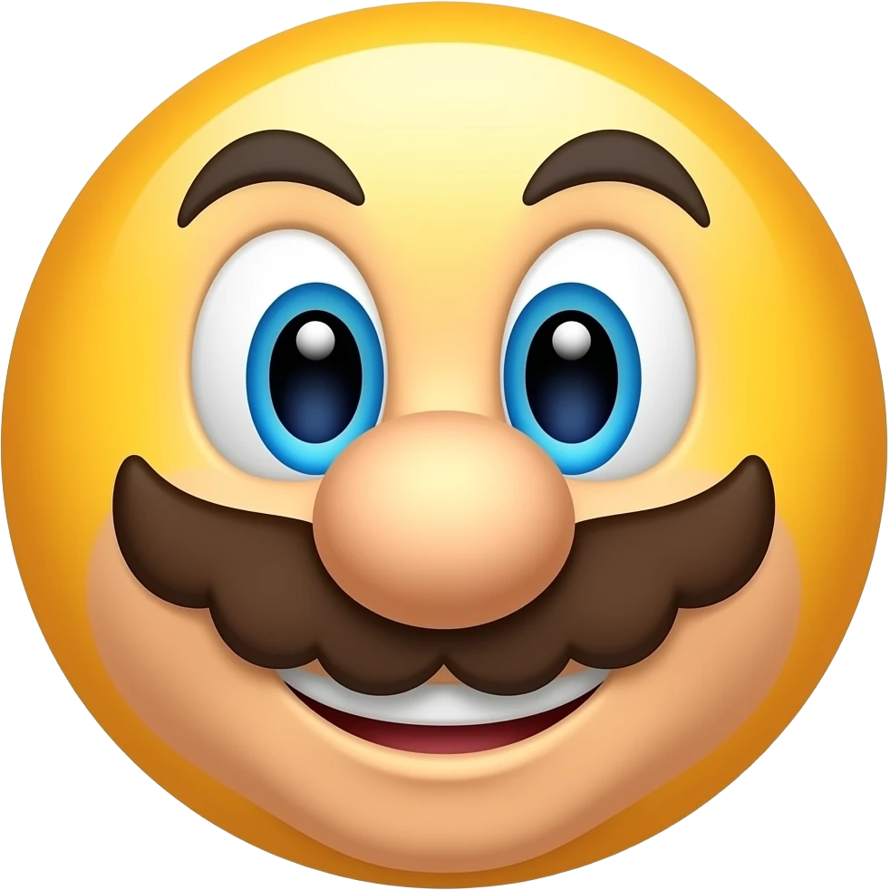 a mario (BROWN MUSTACHE) emoji (classic Google emoji style, yellow skin too) thats just the fake smile emoji (😃) except its mario emoji
