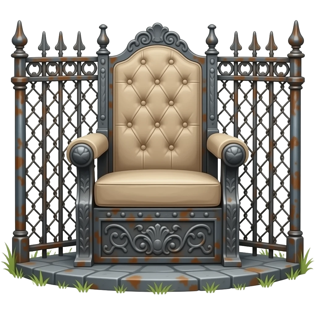 an elegant electric chair frontally composed of many rusty metal parts of old Victorian fences emoji