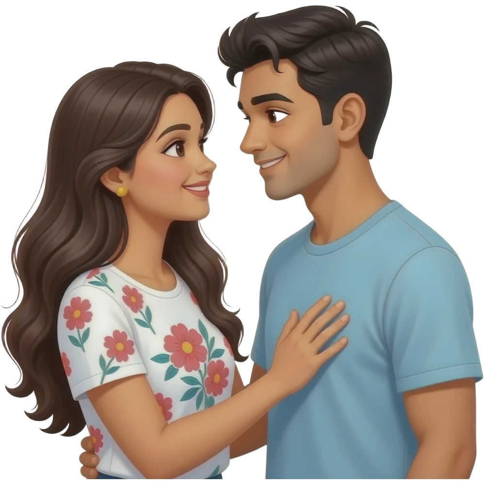 long haired Indian lady in white floral T-shirt holding her hand on boyfriend heart looking at each other lovingly smiling shyly Face to face emoji