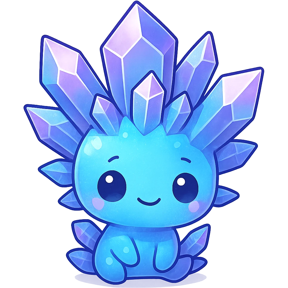 chibi kawaii style crystal sprite creature, mostly blue with purple and pink highlights, cute and small emoji
