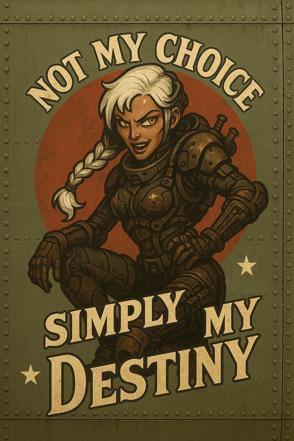 a retro military pinup fuselage decoration for the motto " not my choice, simply my destiny "
; female figure young and gorgeous, white hair 1 braid, gold yellow eyes, spacer, fierce, exo-rogue, menacing yet taunting emoji