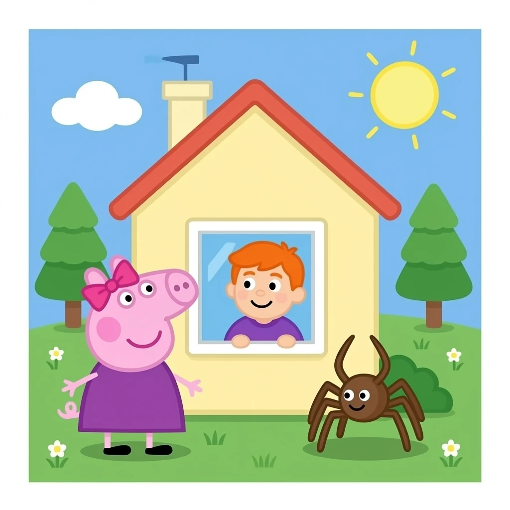 Itsy Bitsy Spider At The A Top of your Peppa Pig House Blue spider and pink spider and a bow One orange Hair Boy And purple shirt is looking at the window emoji