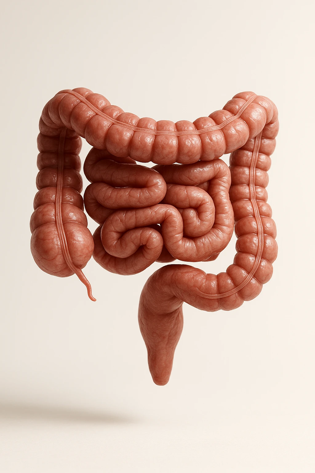 INTESTINO UMANO ANATOMICO REALISTICO FLUTTUA IN ARIA, SFONDO CHIARO, iperrealistico 4k emoji